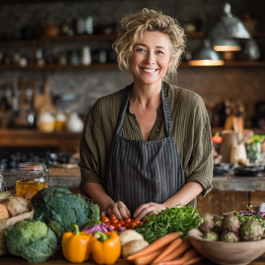 Confident mature woman in her 40s preparing healthy meal with fresh vegetables in modern kitchen, showing joy and satisfaction with nutritious cooking