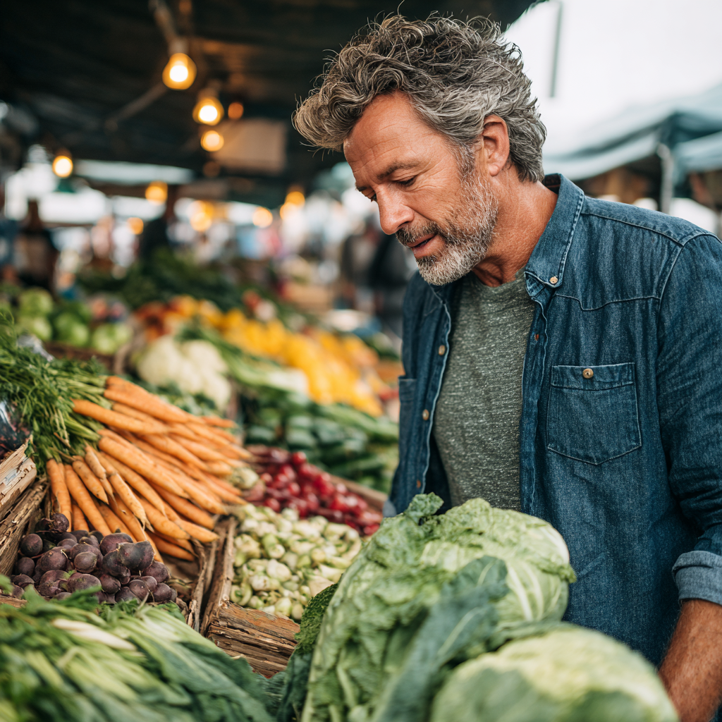 Middle-aged man in his 50s examining fresh produce at farmers market, showing engagement with healthy food selection and thoughtful consideration of nutritional choices